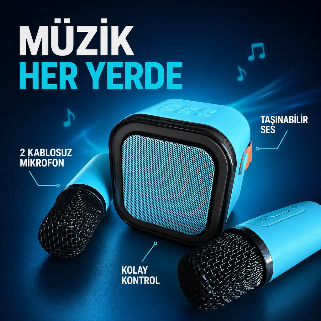 Kablosuz Çift Mikrofonlu Karaoke Bluetooth Hoparlör